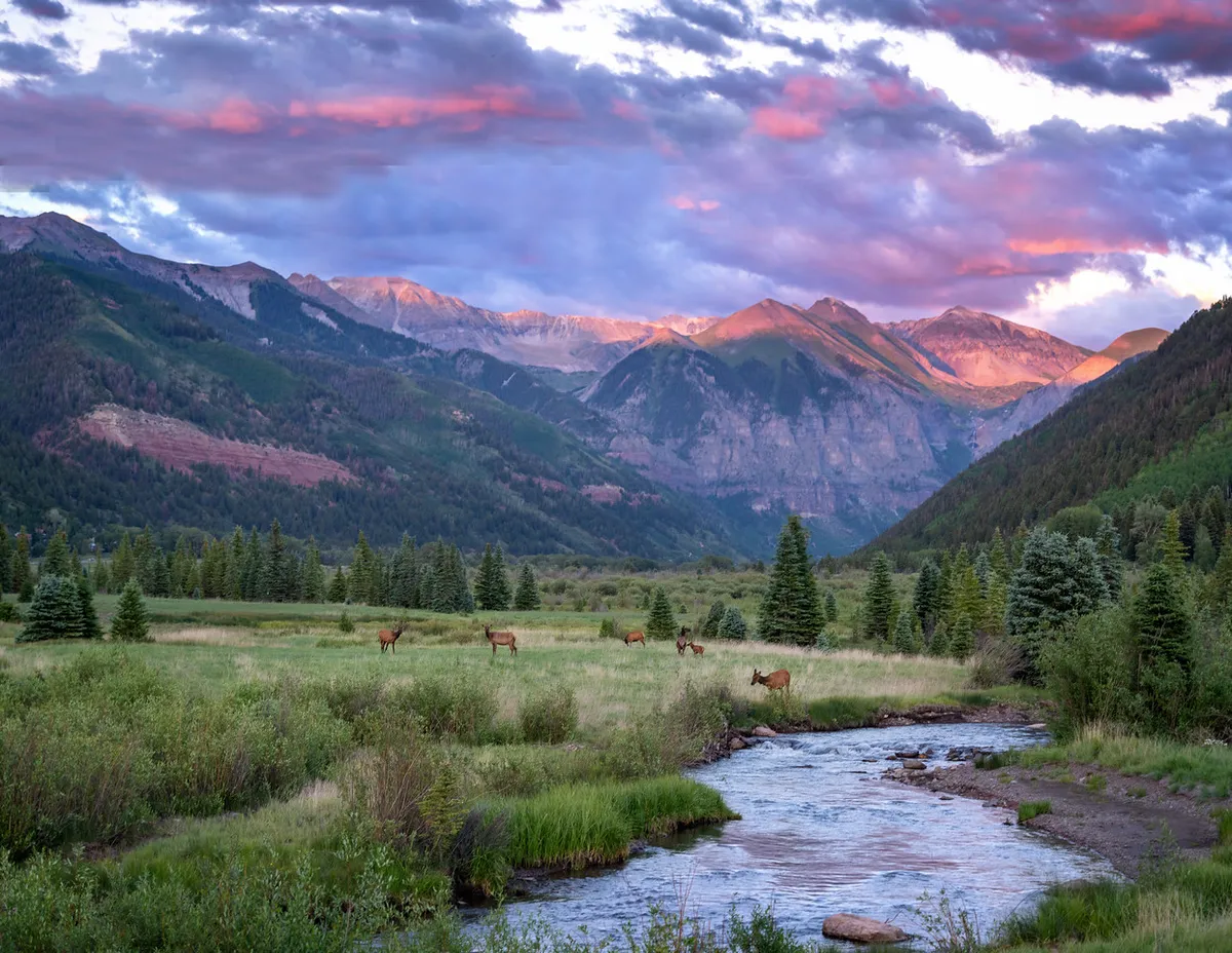 This image features a serene mountain range at sunset, with a stream running through lush greenery and deer grazing nearby. The scene is enveloped in soft, golden light, conveying the tranquility and beauty of summer mountain landscapes.